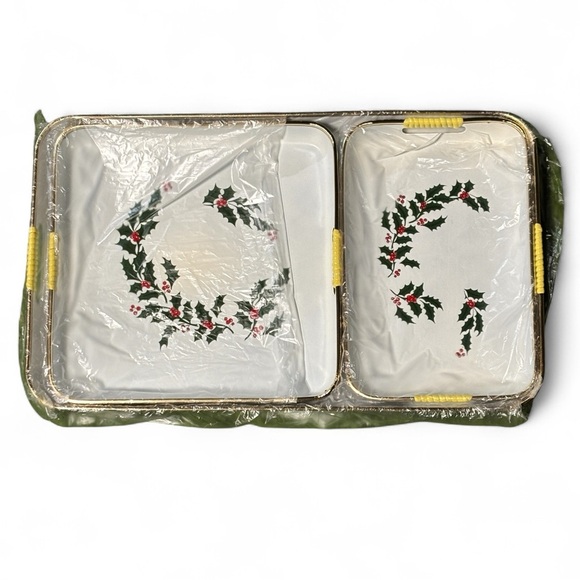 Vintage 3 Piece Lacquerware Nesting Tray Set Christmas Holly  Japan server - Picture 6 of 9